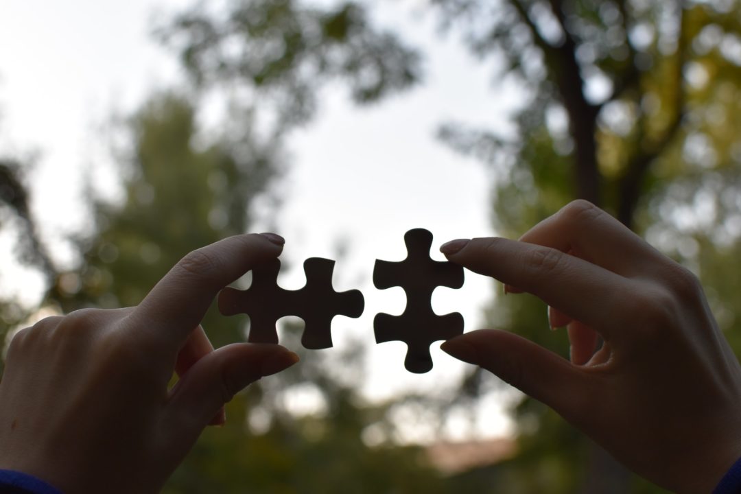 Two hand holding two puzzle pieces.